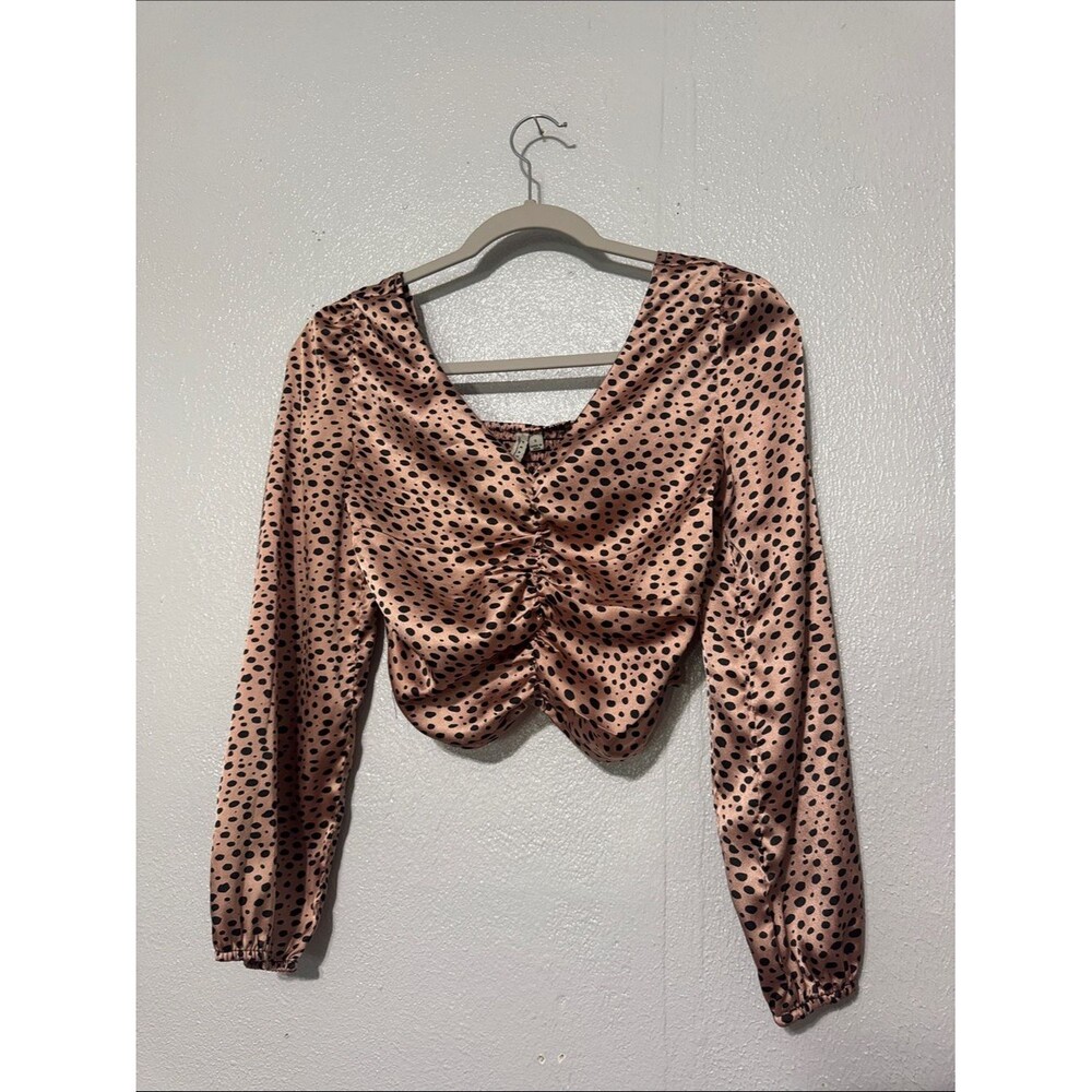 Feathers Satin Leopard Print Ruched Crop Top Blouse Pink